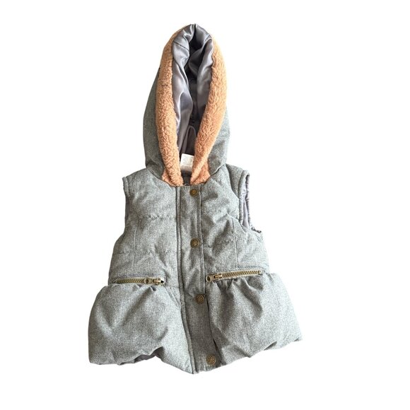 Nicole Miller New York Girls Hooded Puffer Vest 2T Faux Fur Lined Gray With Gold - Picture 1 of 6